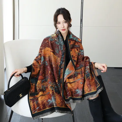 Bufanda Chal Cálida y Espesa de Invierno para Mujer Estampado de Pintura al Óleo Vintage Cachemira de Imitación Larga Abrigo