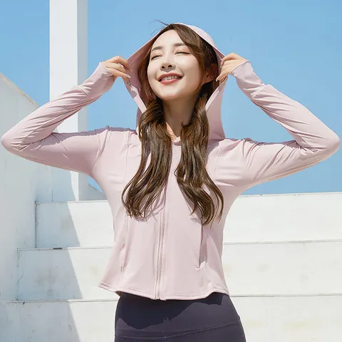 Ropa de Protección Solaire Ligera para Mujer Corte Ajustado Manga Larga con Capucha Chaqueta con Cremallera Transpirable Top de Verano