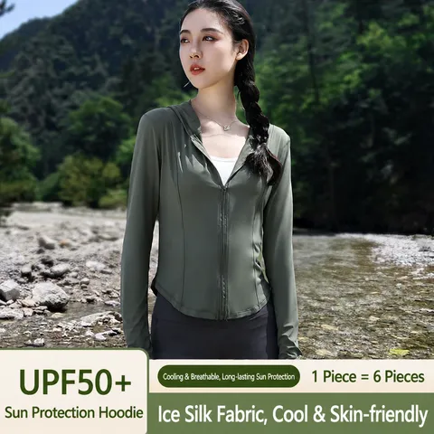 Women's Sun Protection Clothing Hooded Long Sleeve Slim Fit Anti-UV Breathable Nylon Full Zip Activewear Jacket Top