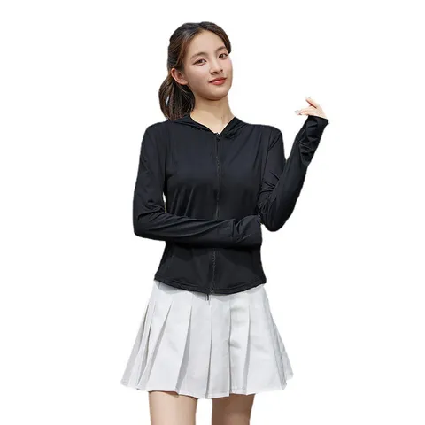 Ropa de Protección Solar para Mujer con Capucha Manga Larga Slim Fit Anti-UV Transpirable Nylon Cremallera Chaqueta Top