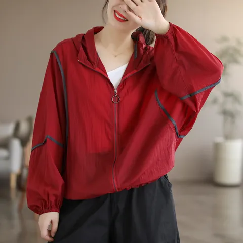 Chaqueta de Protección Solar para Mujer Ligero con Capucha Ropa de Abrigo de Verano Corte Holgado Manga Murciélago Top con Cremallera Color Sólido Abrigo Casual Moda