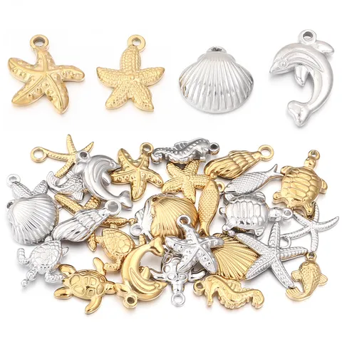 Stainless Steel Sea Animal Charms Sea Star Shell Turtle Dolphin Pendant Crafts For DIY Crafting Necklace Bracelet Earring Making Jewelry Accessories