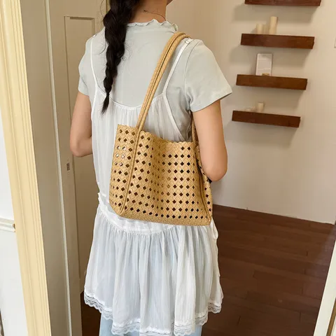Women Woven Tote Bag PU Leather Hollow Out Shoulder Bag Candy Color Casual Underarm Handbag