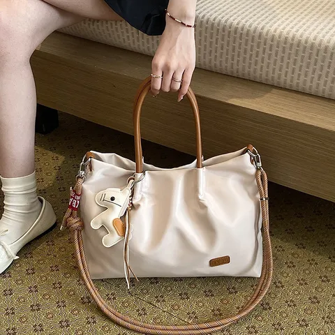Women PU Leather Nylon Tote Bag Casual Commuting Shoulder Bag Stylish Minimalist Top Handle Handbag Crossbody Bag