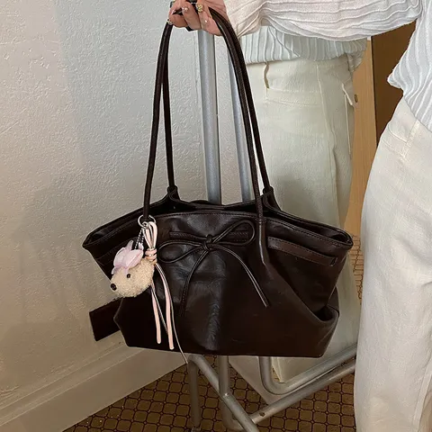 Women's Large Capacity PU Leather Tote Bag Korean Retro Casual Shoulder Handbag With Bowknot And Cute Pendant