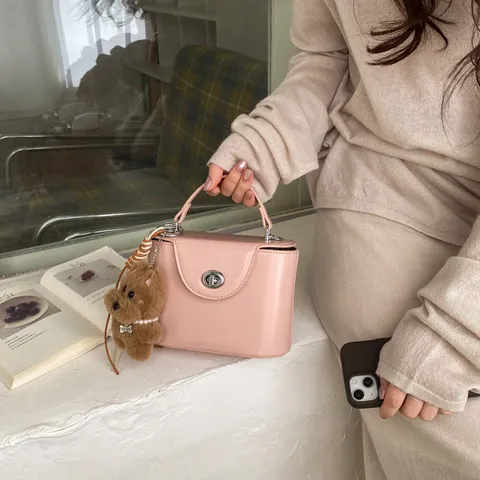 Women PU Leather Top Handle Crossbody Bag Vintage Turn-Lock Box Handbag with Plush Pendant Casual Commuter Shoulder Bag