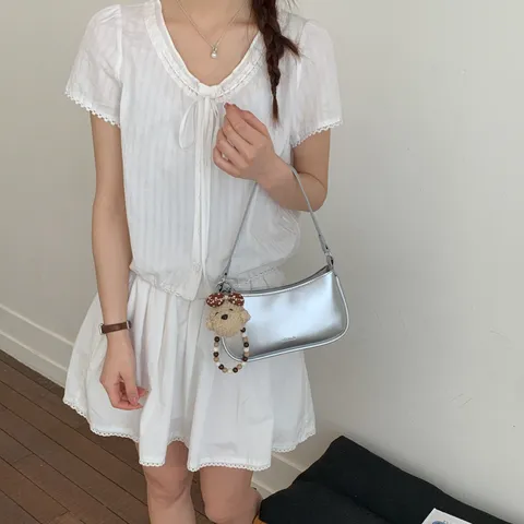 Minimalist PU Leather Underarm Bag For Women Fashion Solid Color Casual Shoulder Crossbody Bag With Cute Bear Pendant Commuter Handbag