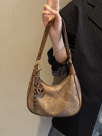 Womens Retro Matte PU Leather Shoulder Bag Casual Dumpling Hobo Bag Underarm Handbag With Pendant Fashion Travel Purse
