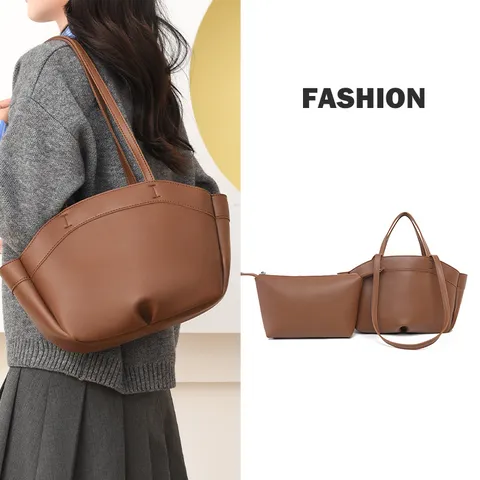 Women Large Capacity PU Leather Shoulder Tote Bag Casual Commuter Handbag With Matching Pouch Classic Solid Color