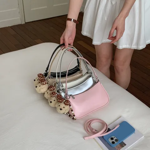 Minimalist PU Leather Underarm Bag For Women Fashion Solid Color Casual Shoulder Crossbody Bag With Cute Bear Pendant Commuter Handbag