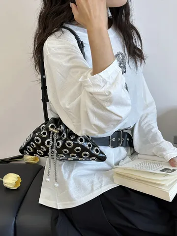 Fashion PU Leather Crossbody Shoulder Bag Women Rivet Grommet Drawstring Bucket Bag Casual Travel Handbag