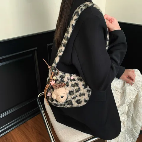 Women Retro Lamb Wool Crossbody Bag Plush Plaid Leopard Print Shoulder Bag Cute Bear Pendant Casual Handbag