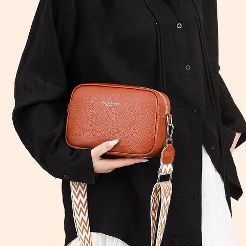 Women PU Leather Crossbody Bag Fashion Casual Multi-Layer Shoulder Bag Vintage Wide Strap Messenger Bag Handbag