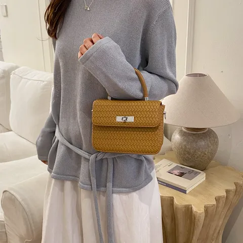 Women Fashion Woven Texture PU Leather Handbag Korean Style Casual Small Square Bag Ladies Single Shoulder Crossbody Bag