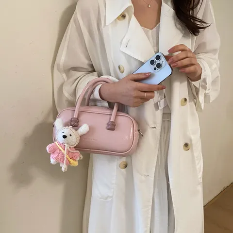 Women PU Leather Top Handle Bowling Bag Retro Solid Color Shoulder Crossbody Bag With Cute Doll Pendant Fashion Handbag