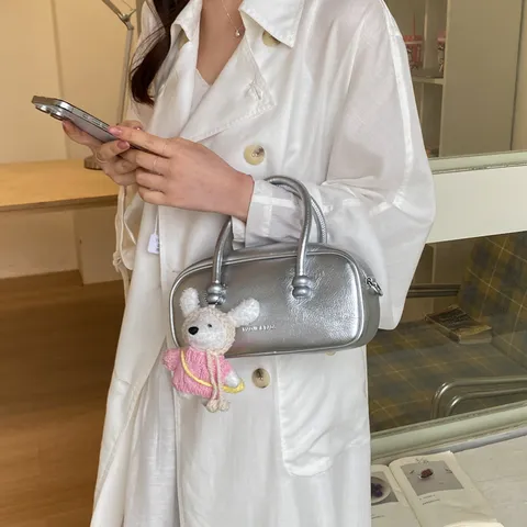 Women PU Leather Top Handle Bowling Bag Retro Solid Color Shoulder Crossbody Bag With Cute Doll Pendant Fashion Handbag