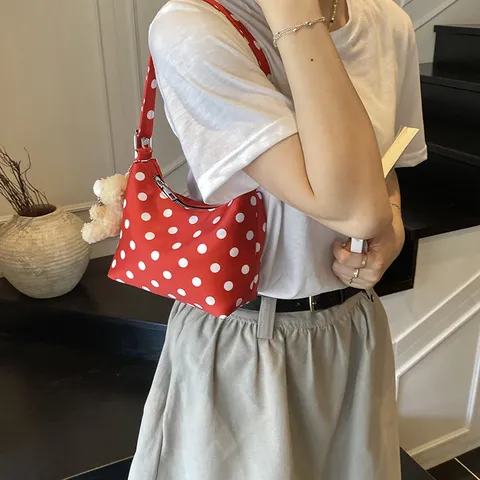 Women's Fashion Polka Dot Shoulder Bag PU Leather Casual Underarm Bag with Cute Bear Pendant
