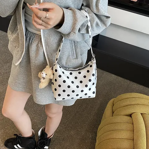 Women's Fashion Polka Dot Shoulder Bag PU Leather Casual Underarm Bag with Cute Bear Pendant