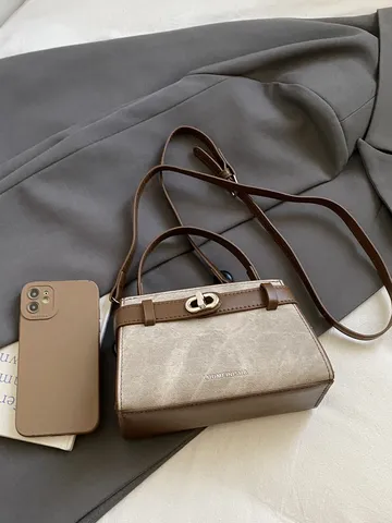Women PU Leather Top Handle Bag Vintage Colorblock Satchel Commuter Shoulder Crossbody Bag With Metal Lock Clasp