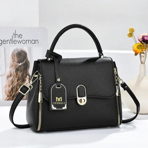 Sac Bandoulière Classique en Cuir PU Grain Litchi pour Femmes Mode Fermeture à Verrou Sac à Main Sac d'Épaule Quotidien