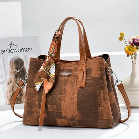 Damen PU Leder Tragetasche Mode Pendler Handtasche Große Kapazität Henkeltasche Mit Seidenschal Dekoration