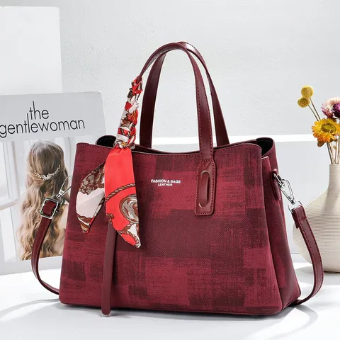 Damen PU Leder Tragetasche Mode Pendler Handtasche Große Kapazität Henkeltasche Mit Seidenschal Dekoration