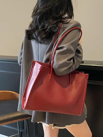 Women Large Capacity PU Leather Tote Bag Minimalist Solid Color Casual Shoulder Bag Commuter Handbag With Pouch