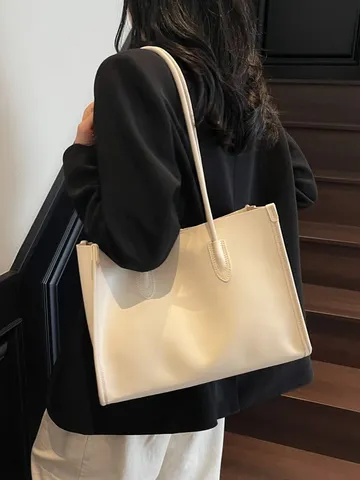 Women Large Capacity PU Leather Tote Bag Minimalist Solid Color Casual Shoulder Bag Commuter Handbag With Pouch