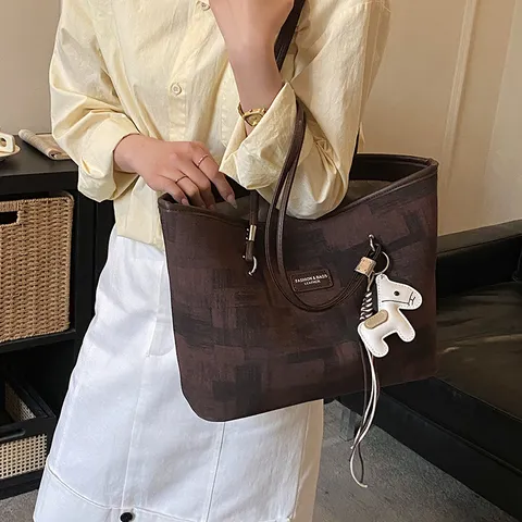 Damen Große Kapazität PU Leder Tragetasche Geometrischer Druck Pendler Umhängetasche Lässige Handtasche Mit Pferd Anhänger
