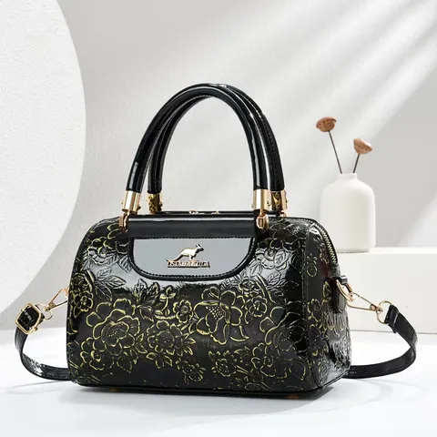 Women Large Capacity PU Leather Handbag Boston Bag Stylish Embossed Floral Commuter Shoulder Crossbody Bag