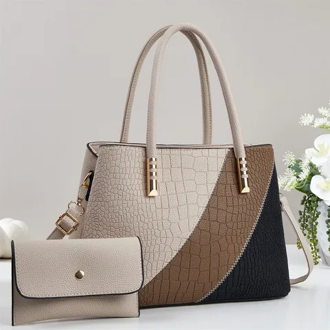 Große Kapazität Modische Farbblock Steinmuster Damen Handtasche Lässige Pendler PU-Leder Schulter Umhängetasche