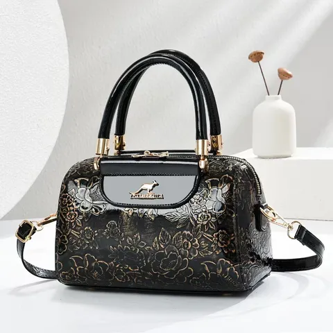 Women Large Capacity PU Leather Handbag Boston Bag Stylish Embossed Floral Commuter Shoulder Crossbody Bag