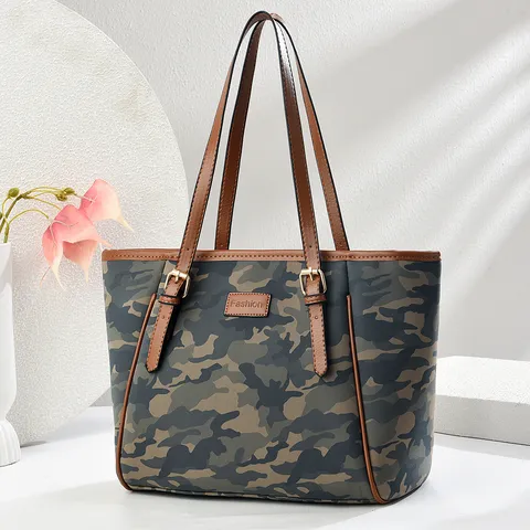 Damen Großes Kapazität PU Leder Tragetasche Farbblock Camouflage Pendler Umhängetasche Lässige Reise Handtasche