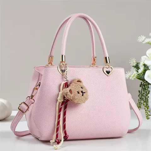 Große Kapazität PU Leder Handtasche Lässige Tote Tasche Mit Süßem Bären Plüsch Anhänger Pendler Umhängetasche Für Damen