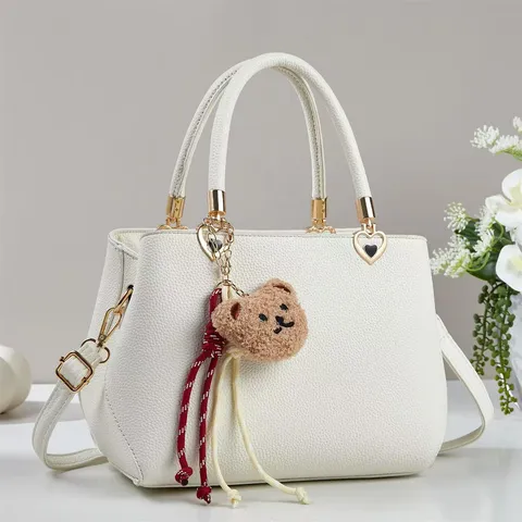 Große Kapazität PU Leder Handtasche Lässige Tote Tasche Mit Süßem Bären Plüsch Anhänger Pendler Umhängetasche Für Damen