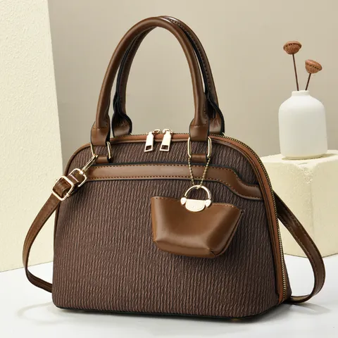 Women Fashion PU Leather Shell Bag Vintage Casual Solid Color Shoulder Crossbody Bag With Mini Pouch Pendant