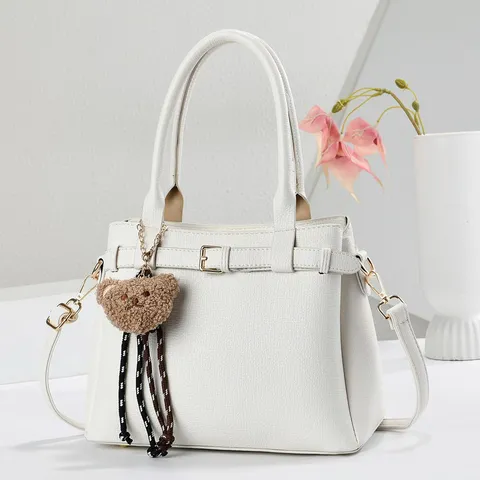 Damen PU Leder Top Handle Tasche Kornstruktur Lässige Pendler Umhängetasche Handtasche Mit Süßem Bär Anhänger