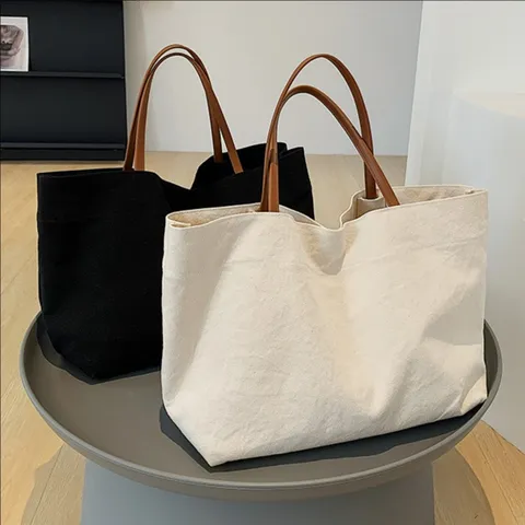 Large Capacity Canvas Tote Bag Women Minimalist Casual Handbag Simple Commuter Shoulder Bag University Students School Daily Travel Bag