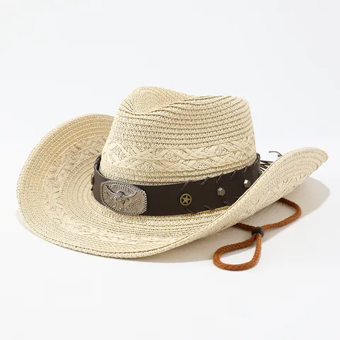 Chapeau de Cowboy Occidental en Paille pour Hommes et Femmes Casquette de Soleil Vintage Tressée à Large Bord Plage Extérieure Mode Fedora