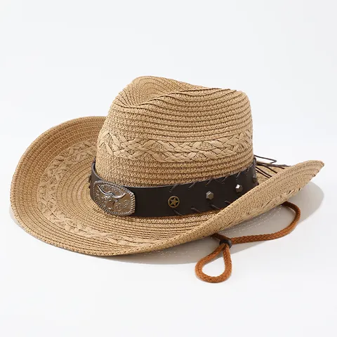 Chapeau de Cowboy Occidental en Paille pour Hommes et Femmes Casquette de Soleil Vintage Tressée à Large Bord Plage Extérieure Mode Fedora