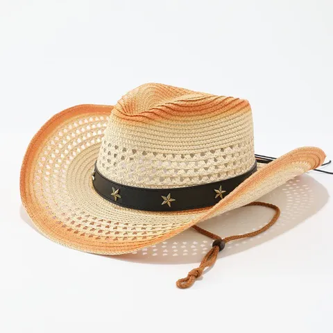 Vintage Western Cowboy Straw Hat Gradient Color Panama Straw Woven Hat Fashion Jazz Fedora Hat For Outdoor Beach Travel Sun Protection