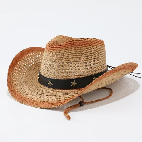 Vintage Western Cowboy Straw Hat Gradient Color Panama Straw Woven Hat Fashion Jazz Fedora Hat For Outdoor Beach Travel Sun Protection