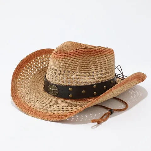 Sombrero de Paja de Vaquero Occidental Unisex Vintage Protección Solar Playa Gorra de Jazz Banda de Cuero Insignia de Cabeza de Toro Para Verano Al Aire Libre