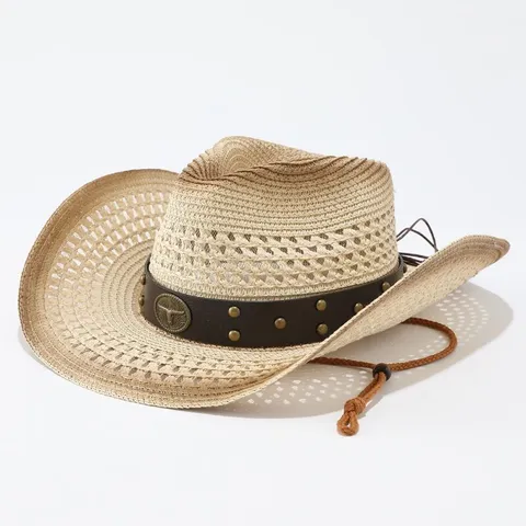 Sombrero de Paja de Vaquero Occidental Unisex Vintage Protección Solar Playa Gorra de Jazz Banda de Cuero Insignia de Cabeza de Toro Para Verano Al Aire Libre