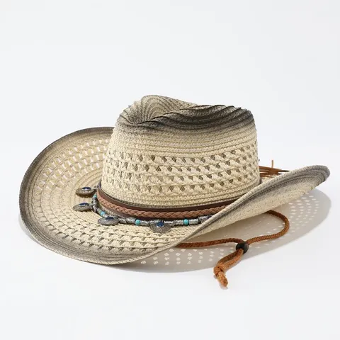 Amerikanischer Vintage Stroh Cowboyhut Breite Krempe Atmungsaktiv Sonnenschutz Western Strand Fedora Sonnenschirm Hut Für Erwachsene