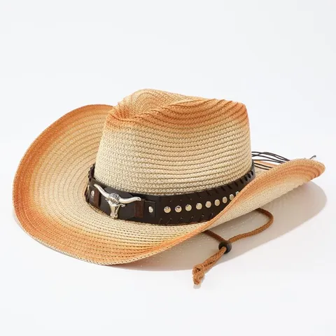 Westerse Cowboy Strohoed Voor Heren Dames Verloop Brede Rand Zonnehoed Met Kunstleren Band Metalen Stierenchedel Decor Outdoor Zonneschutz Strandhoed