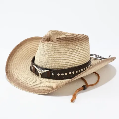 Westerse Cowboy Strohoed Voor Heren Dames Verloop Brede Rand Zonnehoed Met Kunstleren Band Metalen Stierenchedel Decor Outdoor Zonneschutz Strandhoed