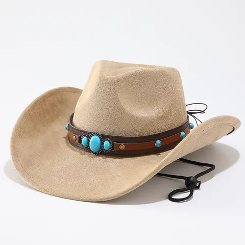 Cappello da Cowboy Western Vintage Uomo Donna Finto Camoscio Jazz Fedora Tesa Larga Curva Cappello Parasole Con Cinturino in Pelle