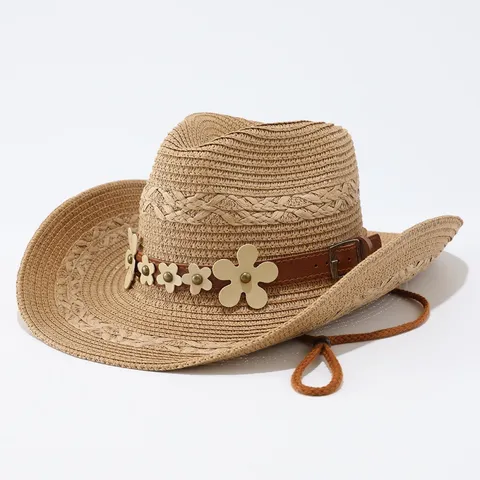 Cappello di Paglia da Cowboy Occidentale Vintage per Donna Tesa Larga Protezione Solare Cappello Jazz Con Fascia in Pelle Fiori Rivetti