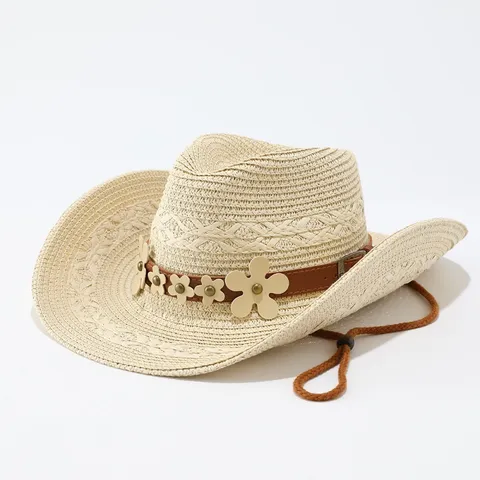 Cappello di Paglia da Cowboy Occidentale Vintage per Donna Tesa Larga Protezione Solare Cappello Jazz Con Fascia in Pelle Fiori Rivetti